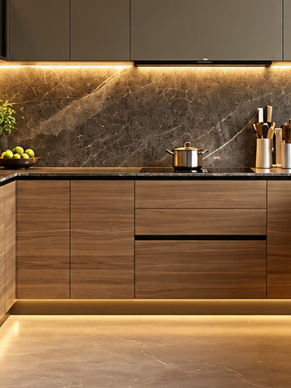 Grey marble backsplash above walnut cabinets