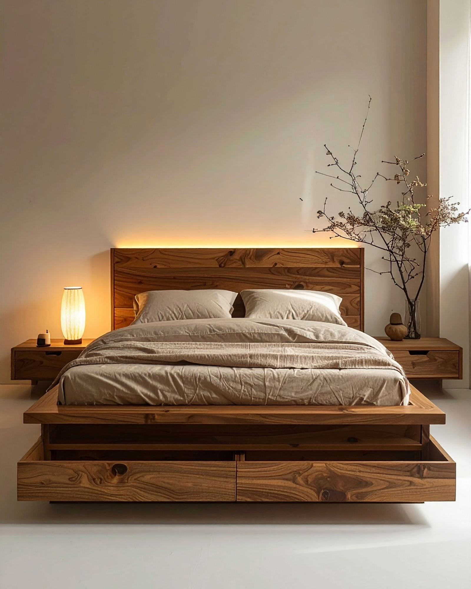 Teak Platform Bed LED Headboard