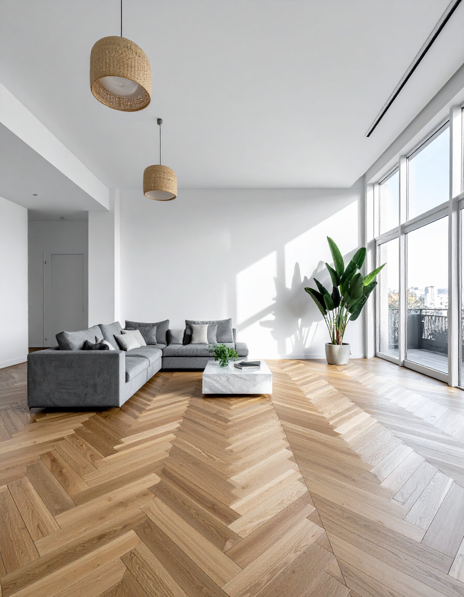 White Oak Herringbone Floor Living Room