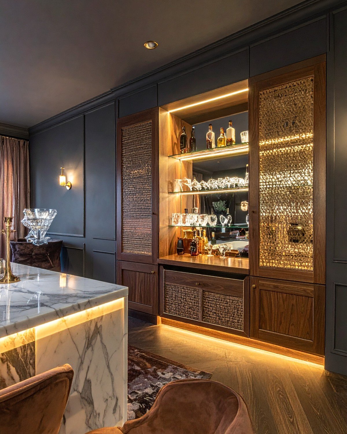 Cane & Walnut Bar Cabinet — Art Deco