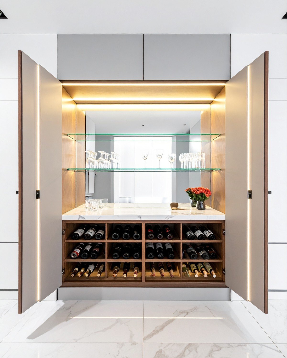 Cane & Walnut Bar Cabinet — Art Deco