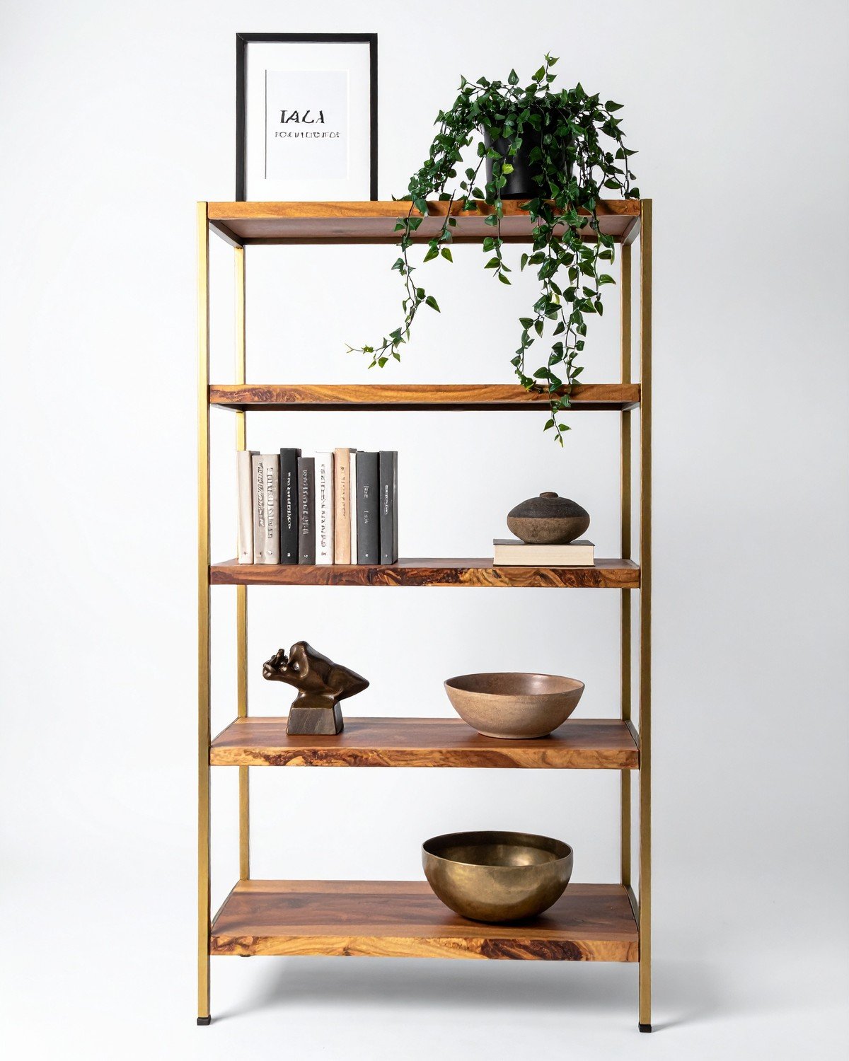 Industrial Brass & Mango Wood Bookshelf