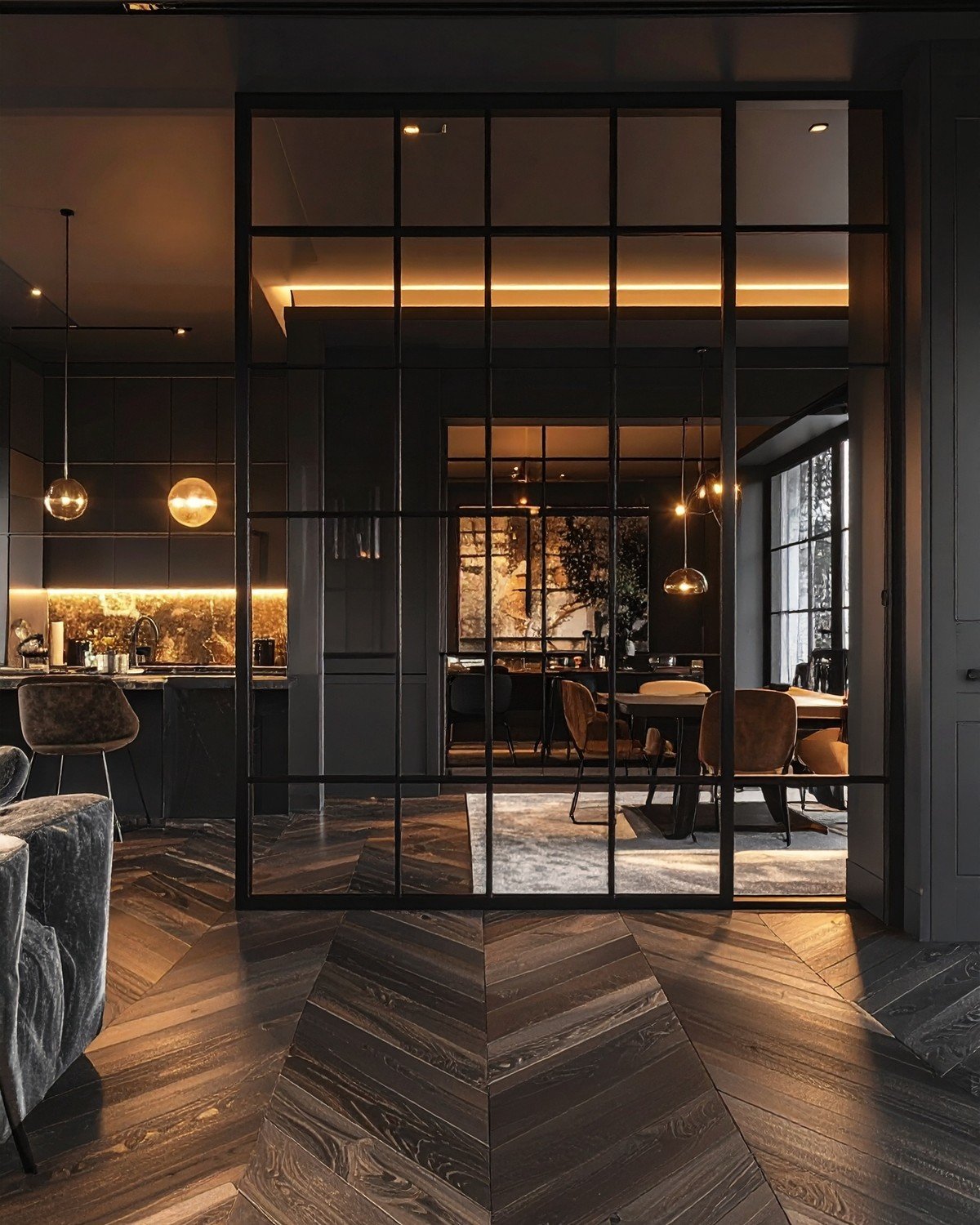 Black Steel Framed Glass Partition — Crittall Grid