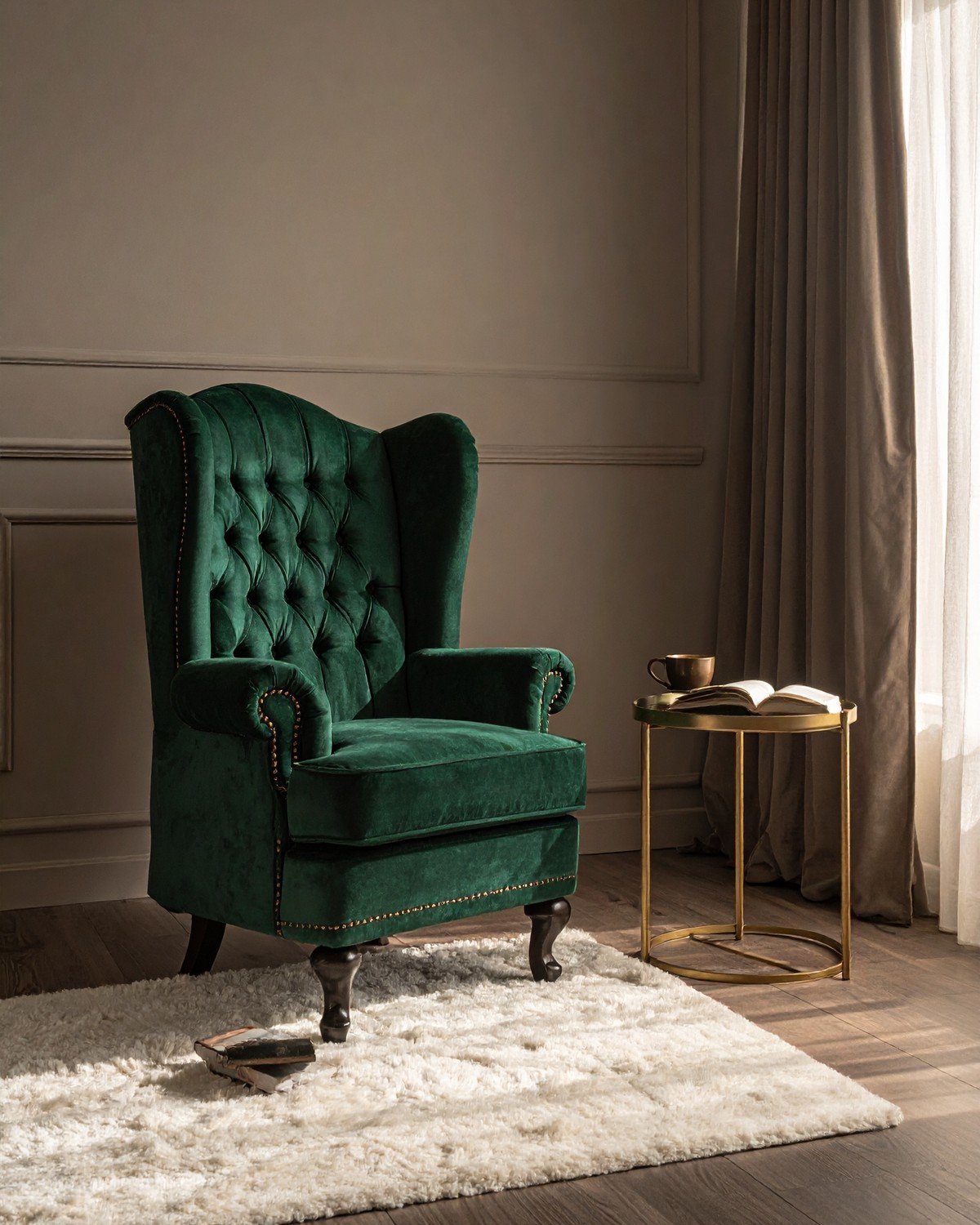 Sculptural Wingback Armchair — Emerald Velvet